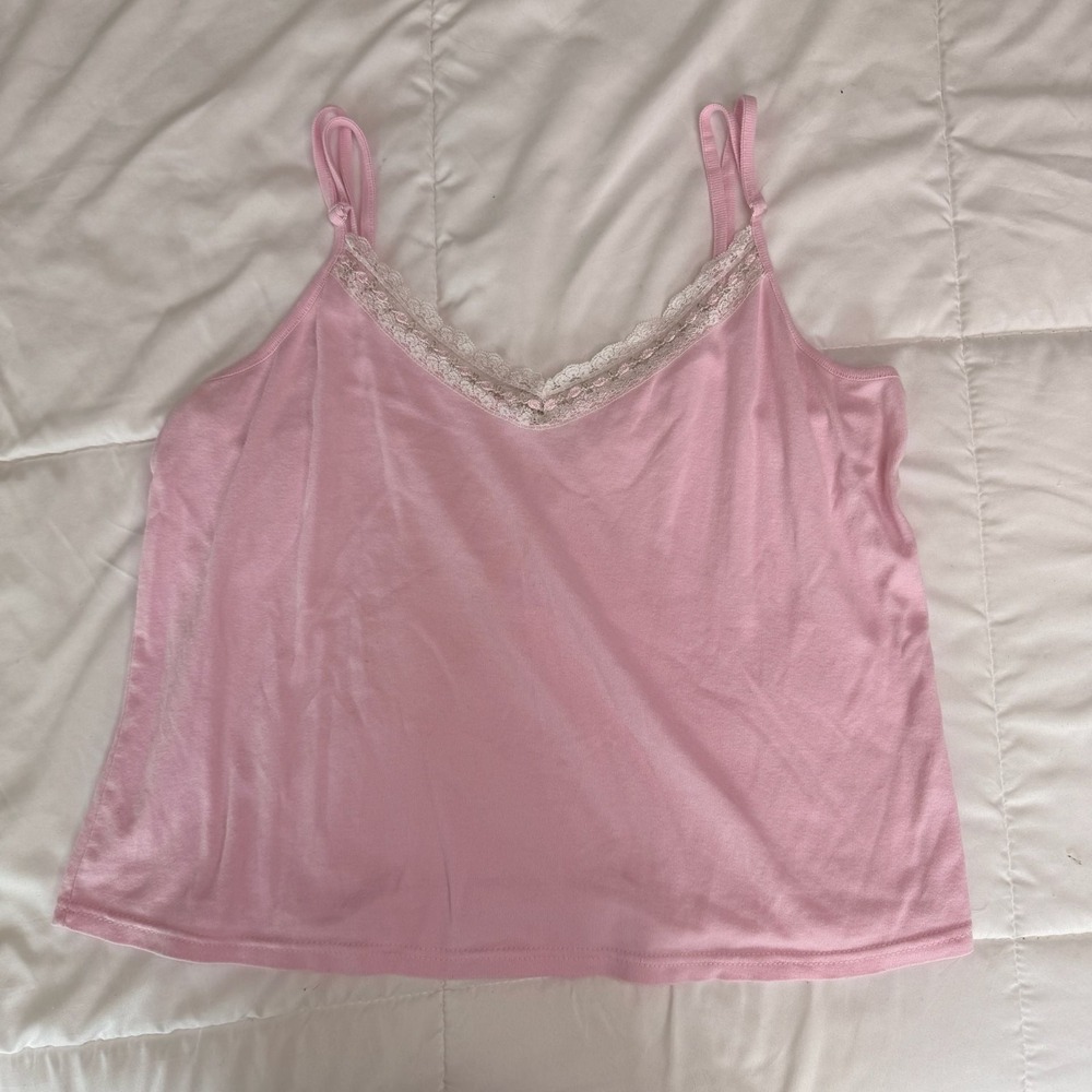 Character Pink Double Strap Cami Tank Top with Floral Lace Trim Large